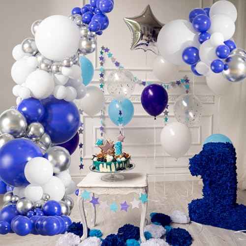 154pcs Blue White Silver Balloon Arch Kit - 18 12 10 5inch Royal Blue, Metallic Silver Confetti Balloon Garland for New Year Eve, Graduation, Birthday Party Decoration
