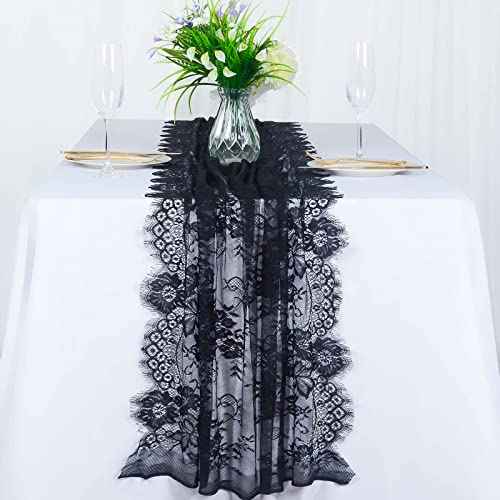 ShinyBeauty Black Lace Cloth Rectangle Table Runner - 30''x120'' Elegant Floral Lace Table Decoration