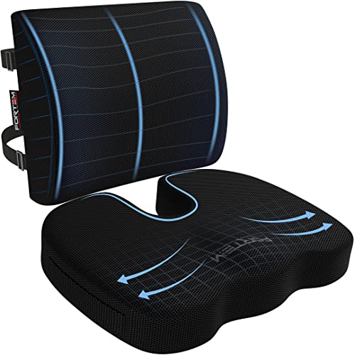 FORTEM Large Black Seat Cushion & Lumbar Support for Office Chair, Car, Wheelchair - Ergonomic Memory Foam