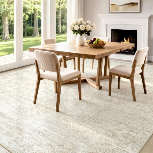 Beige 8x10 Area Rug - Washable Geometric Boho Rug for Living Room & Bedroom - Non-Slip Backing