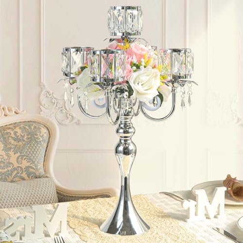 2Pcs Silver 5-Arm Crystal Pendant Metal Candle Holder with Square