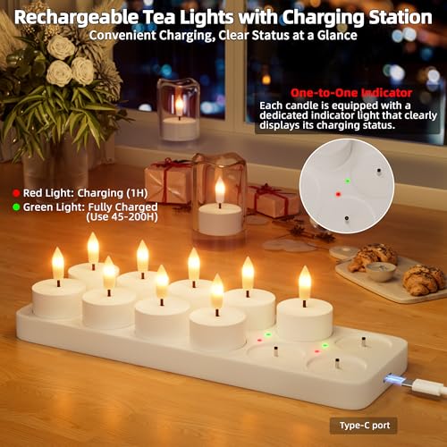 Rechargeable Flameless Tea Lights Candle Set with Charging Station & Remote - White 12Pcs