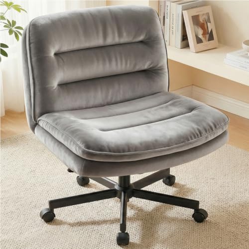Gray Velvet Cross Leg Office Chair with Wide Seat & Swivel - Armless Vanity Seat