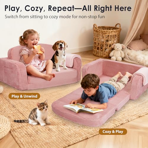 Pink 2-in-1 Convertible Toddler Kids Sofa Chair with Blanket - Foryoomi