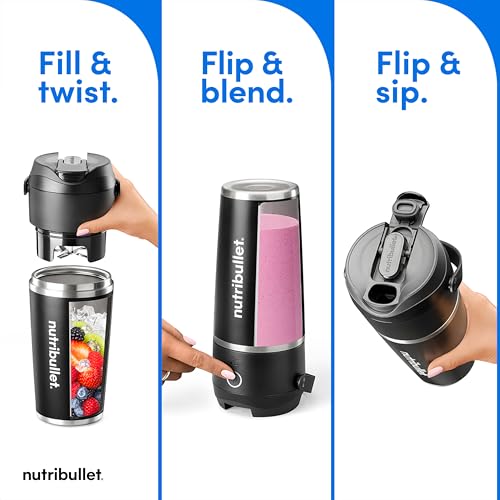 NutriBullet Flip Portable Blender 20 oz Black Insulated Cup Cordless NBPB50350AK