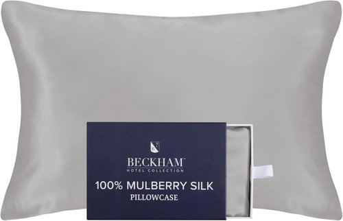 Beckham Hotel Collection Silk Pillowcase - 100% Mulberry Silk for Hair & Skin | Oeko-TEX Certified, Queen, Silver Cloud