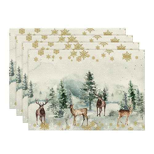 Artoid Mode Watercolor Deer Trees Snowflakes Christmas Placemats for Dining Table, 12 x 18 Inch Seasonal Winter Xmas Holiday Rustic Vintage Thanksgiving Washable Table Mats Set of 4
