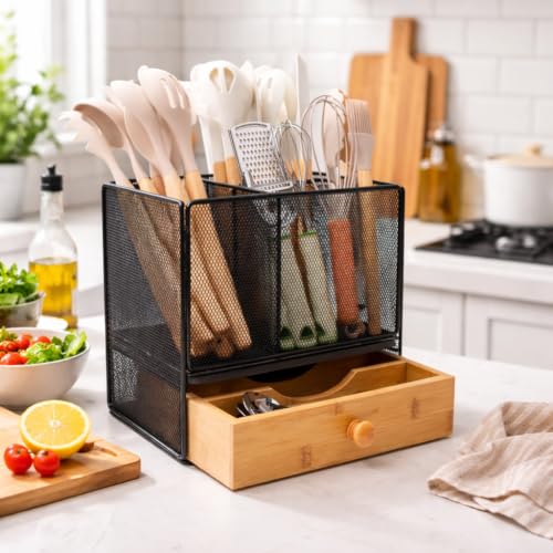Extra Large Kitchen Utensil Holder with Drawer and Drying Base – Countertop Organizer for Cooking Tools