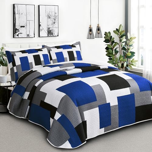 Blue White Grey Quilt Bedding Set Full/Queen Size - Modern Patchwork Comforter Coverlet