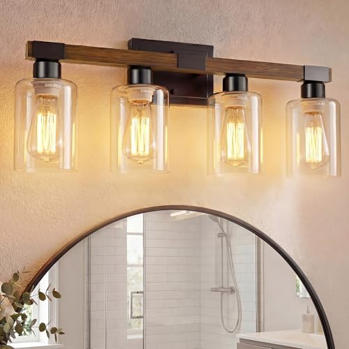 Wood Finish 4-Light Farmhouse Bathroom Vanity Light Fixture - UL Certificated