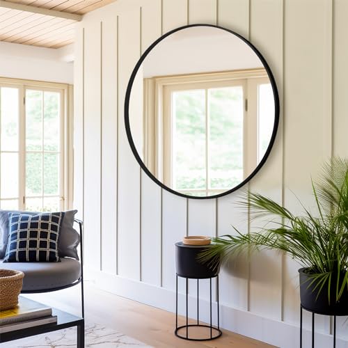 30 Inch Black Round Wall Mirror - Matte Framed Bathroom Mirror with Two Mounting Holes