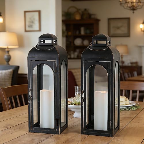 NEEDOMO 22-Inch Set of 2 Bronze Metal Lanterns with Tempered Glass Panels - Indoor & Outdoor Decorative Hurricane Lights