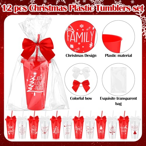 Potchen Reusable Christmas Plastic Cups with Straws & Lids 12 Pack - Red & White