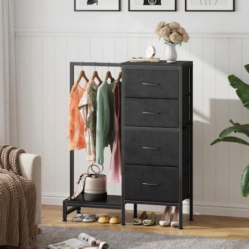 Tall Dresser with Hanging Rack and 4 Drawers - Reversible Black Storage Tower 44"H