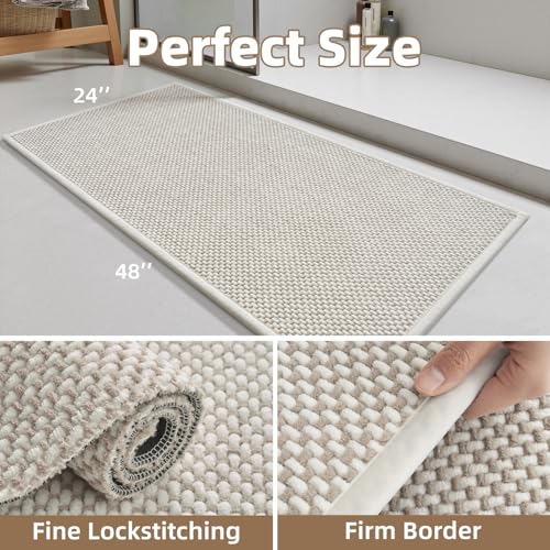 Beige & Cream Chenille Bath Mat Runner 24x48 Inches Non Slip Absorbent Bathroom Rug