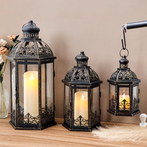 19/13.5/9.5-inch Set of 3 Black & Gold Metal Candle Lanterns with Tempered Glass - Indoor & Outdoor Decor