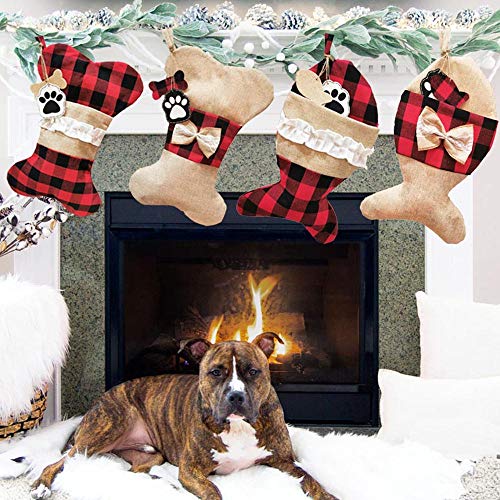 YELAIVP Set of 4 Pet Christmas Stockings Burlap Plaid Holiday Hanging Socks for Dogs Cats