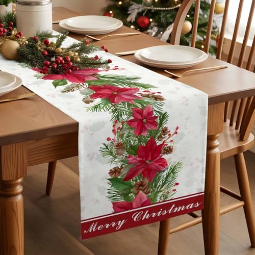 Smile Sunflower 13x72in Christmas Table Runner with Poinsettia & Floral Decor - Non-Slip, washable