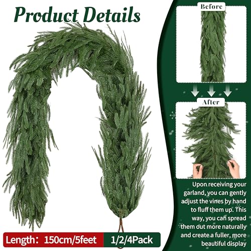 Palonu 4 Pack 5Ft Artificial Norfolk Garland Fake Christmas Greenery for Indoor Outdoor Holiday Decor