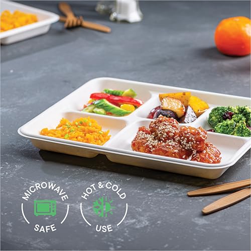 100% Compostable, Large 5 Compartment, Disposable Tray [100-Pack] -