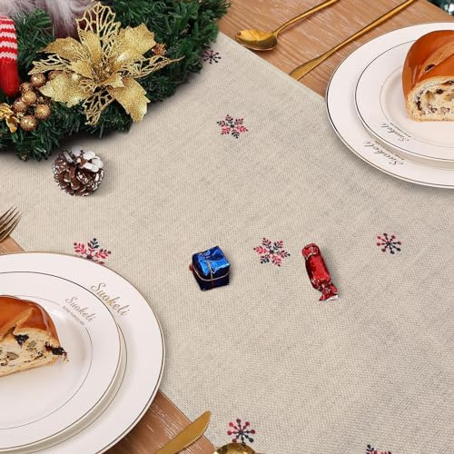 Bonhause Merry Christmas Trees Buffalo Plaid Table Runner 13x90in - Snowflake Deer Seasonal Holiday Decor