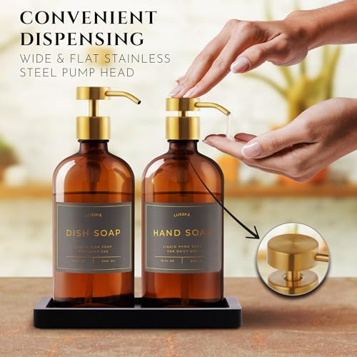 Amber Glass Soap Dispenser Set of 2 with Gold Pumps & Silicone Tray - 16.8 Oz