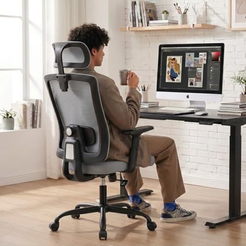 Ergonomic Mesh Office Chair with Adjustable Lumbar Support & Headrest - Gray Task Chair for Home & Work