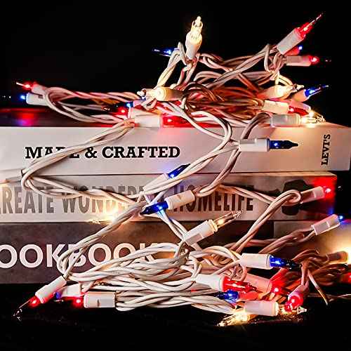 MULTI-SPARKING Red White and Blue String Lights - 35 Count 4th of July Patriotic Mini Christmas Lights for Independence Day Decorations, 8.5 Feet White Wire Incandescent Set
