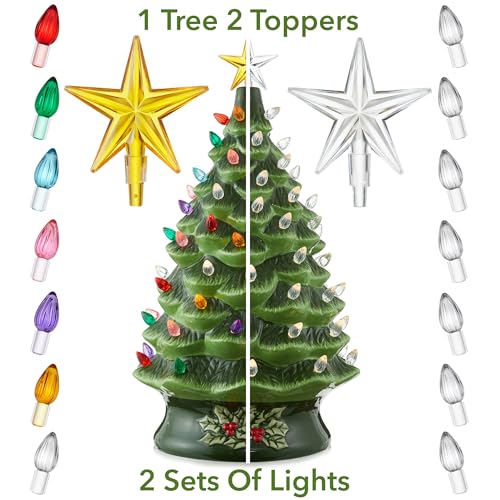 Casafield Hand Painted Ceramic Christmas Tree - Green 24-Inch Pre-Lit Holiday Decor with 148 Multi-Color Lights & 2 Star Toppers