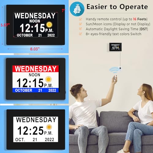 MASSII 27 Alarms Digital Talking Clock with Time Date Announcement, Auto DST, 20 Custom Reminders, 10-Level Dimmer, Sleep Trainer, Large Day Calendar Clock for Elderly Dementia Alzheimers -with Remote