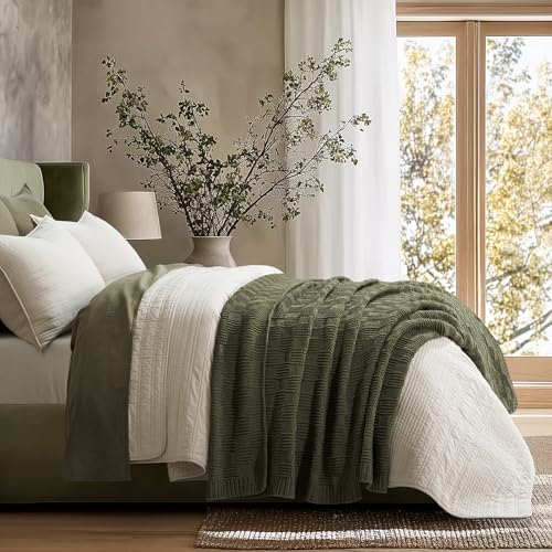 EverGrace Modern Checkered Chenille Throw Blanket - Olive Green 60x80