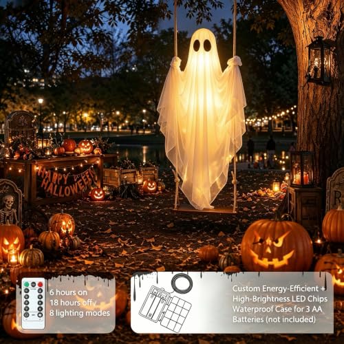 BAICIWE Outdoor Halloween Hanging Ghost Decor 4-8FT, White Remote Light