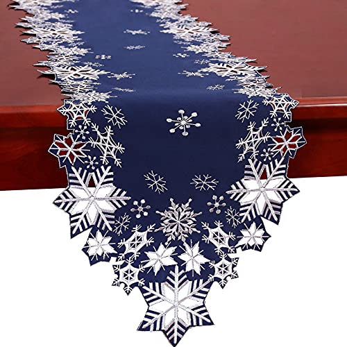 Simhomsen Embroidered Snowflakes Christmas Table Runner 14x69 Inches Navy Blue