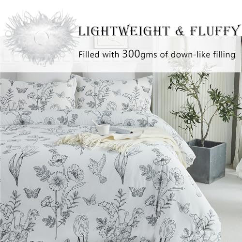 Usfivefam King Size White Floral Comforter Set with Butterfly & Bird Toile Patterns - 3 Piece Lightweight Soft Microfiber Botanical Print Quilt Set for All Seasons