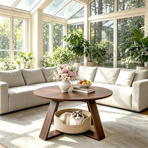 Round Coffee Table with Open Storage - Walnut Wood, Space-Saving Design