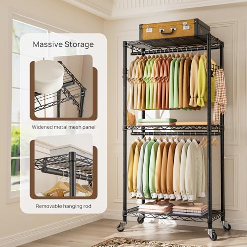 Golpart Black Heavy Duty Rolling Clothes Rack with Wheels, 15.75"D x 23.5"W x 72.45"H