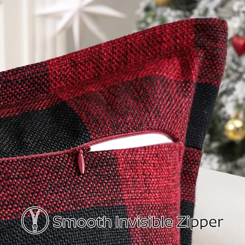 OTOSTAR Pack of 2 24x24 Inch Black and Red Gingham Buffalo Check Pillow Covers Linen Christmas Tartan Farmhouse Decor