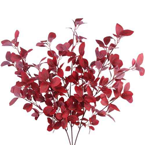 CISDUEO 3 Pcs Artificial Fall Maple Leaves Branches With Stems - Autumn Eucalyptus for Thanksgiving Home Indoor Kitchen Festival Table Centerpieces Decoration - Red