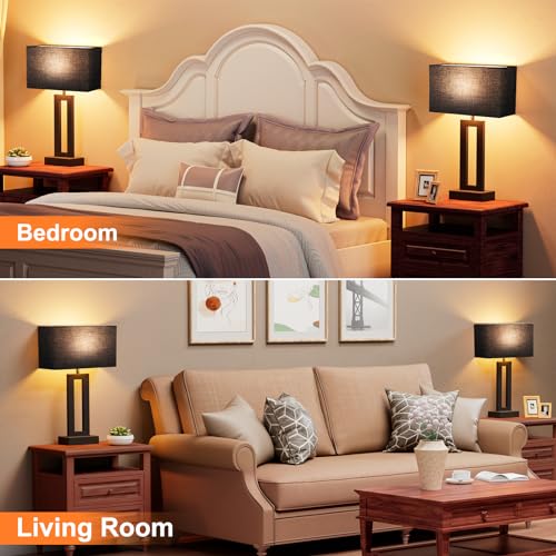 Seealle Medium Set of 2 Nightstand Table Lamps with USB-C & A, 3-Way Dimmable, Black, 19.6in