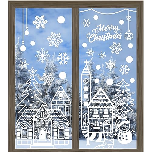 FINGOOO 56Pcs Large Christmas Window Clings - Double-Sided White House Snow Scene 4 Sheets 27.6 x 15.7 in