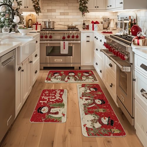 Red Let It Snow Snowman Cardinal Bird Kitchen Rugs 3-Piece Set 17"x29"+17"x36"+17"x47"