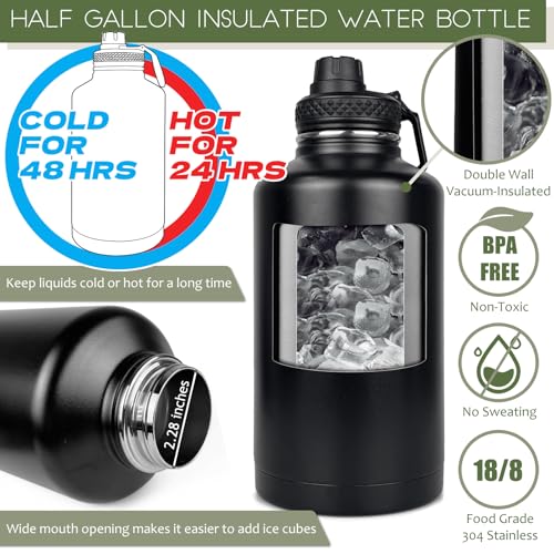 DEFUNX 64 Oz Insulated Water Bottle with Sleeve & Strap - All Black, Half Gallon Sports Jug