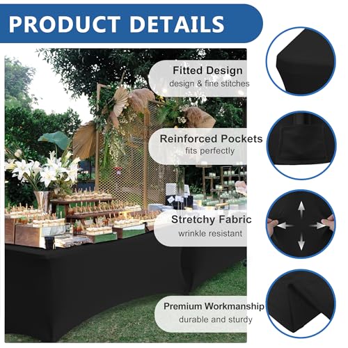 Enjoyidea Black 6FT Fitted Stretch Spandex Table Cloths - 8 Pack