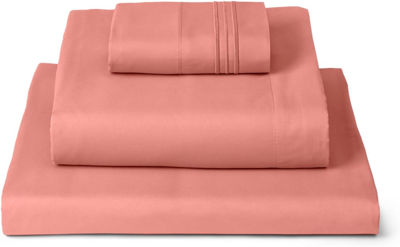 Mellanni Twin Sheets Set - 3 PC Hotel Luxury Bedding | Extra Soft, Cooling, Wrinkle Resistant - Coral