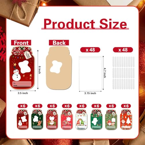 48 Pack Christmas Mason Jar Cards 8 Design DIY Candy Cards with 50 Clear Treat Bags for Stocking Stuffers, Kids Christmas Party Favors Supplies, Holidays Classroom Prizes, Exchange Gift