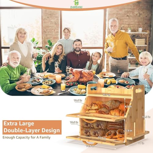 Extra Large Double Layer Bamboo Bread Box with Clear Window - Natural Farmhouse Kitchen Storage - L-Natural