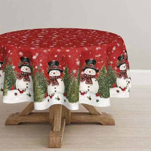 Horaldaily 70-Inch Round Christmas Tablecloth Snowman & Trees Red Winter Decor