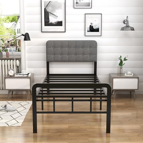 EMODA Twin XL Bed Frame with Upholstered Headboard & Metal Footboard, No Box Spring Needed, Easy Assembly