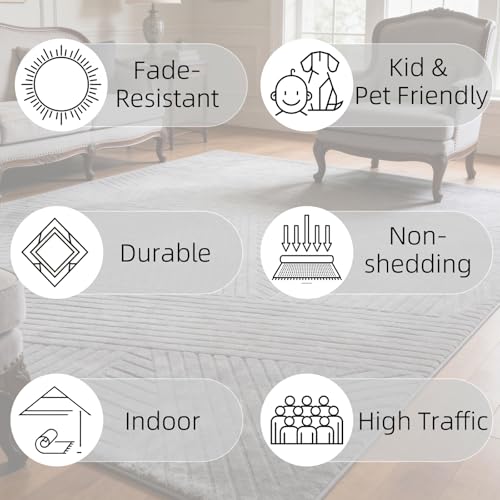 Grey Geometric Washable Area Rug 5x7 - Non-Slip Modern Living Room Floor Cover