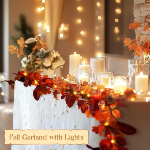 Shareconn 9ft Fall Garland with Lights & Timer - Orange Autumn Decor